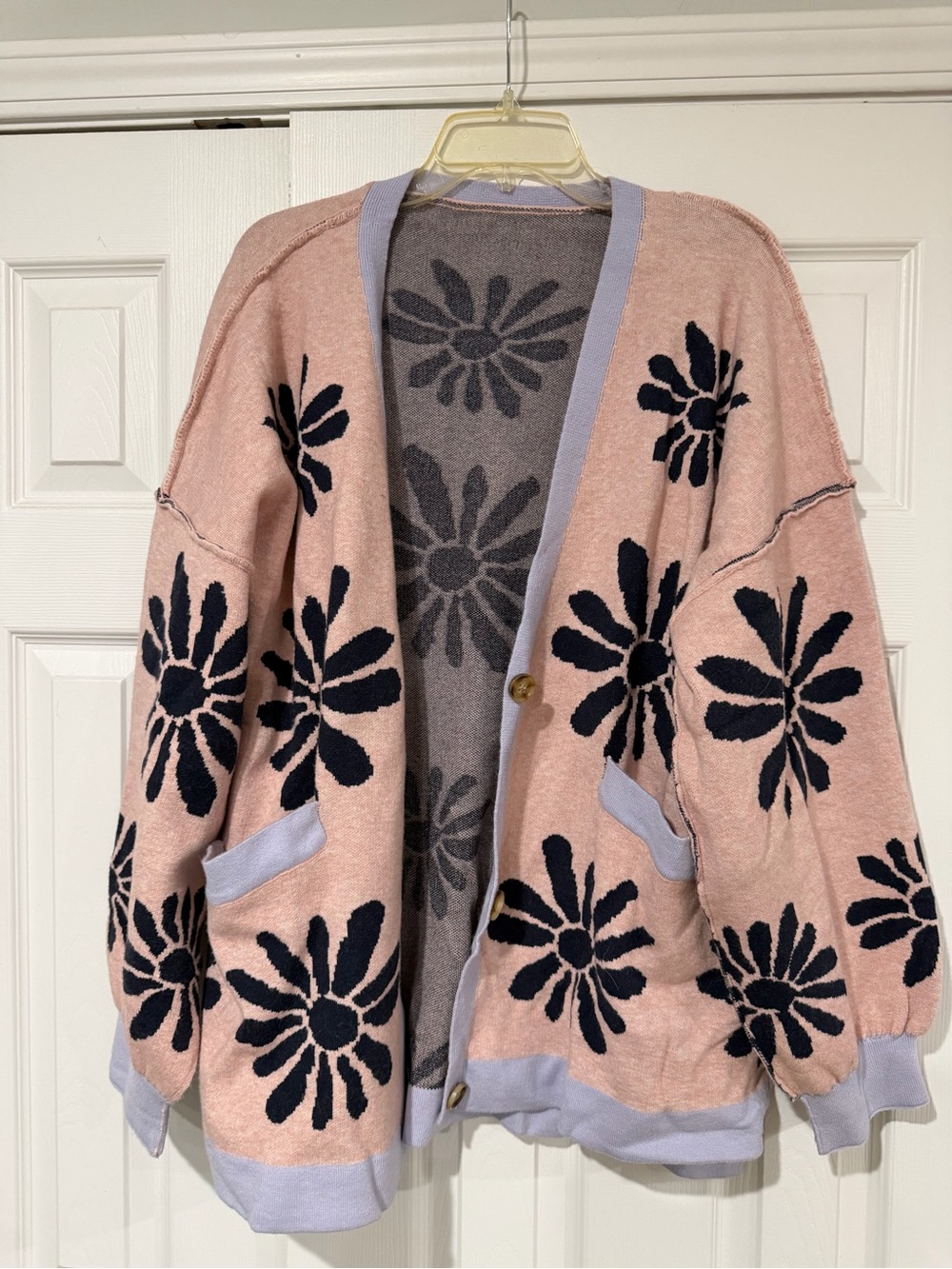 Women’s Pink Floral Cardigan Sweater with Contrast Trim